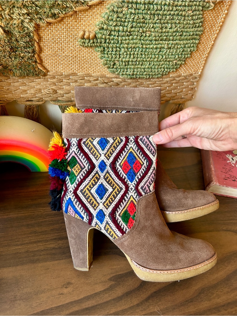 Anthropologie Multicolor Pom Pom Suede Ankle Boots